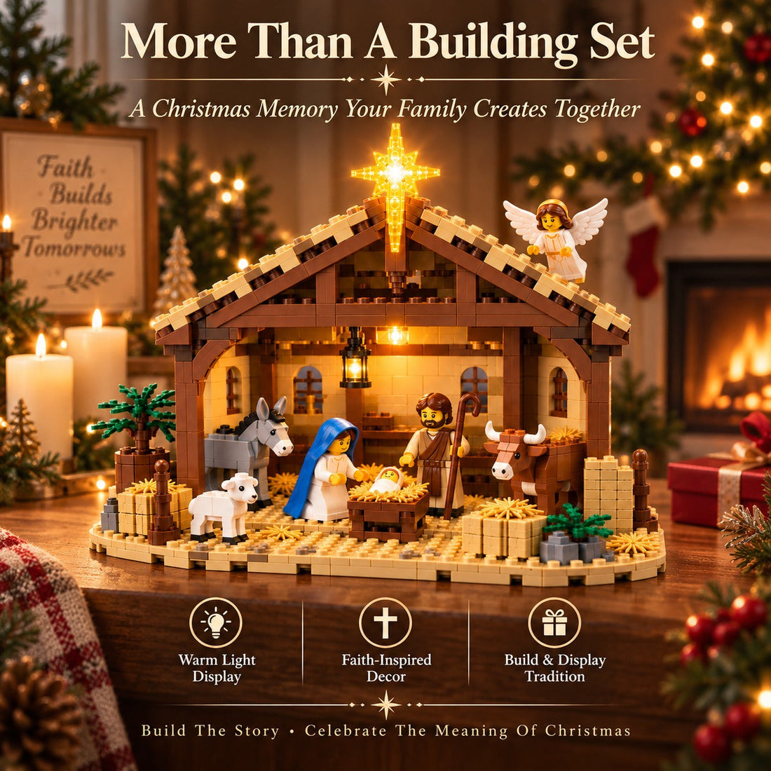 Nativity Story brick set - stable with glowing Bethlehem Star, Holy Family, angel and animals